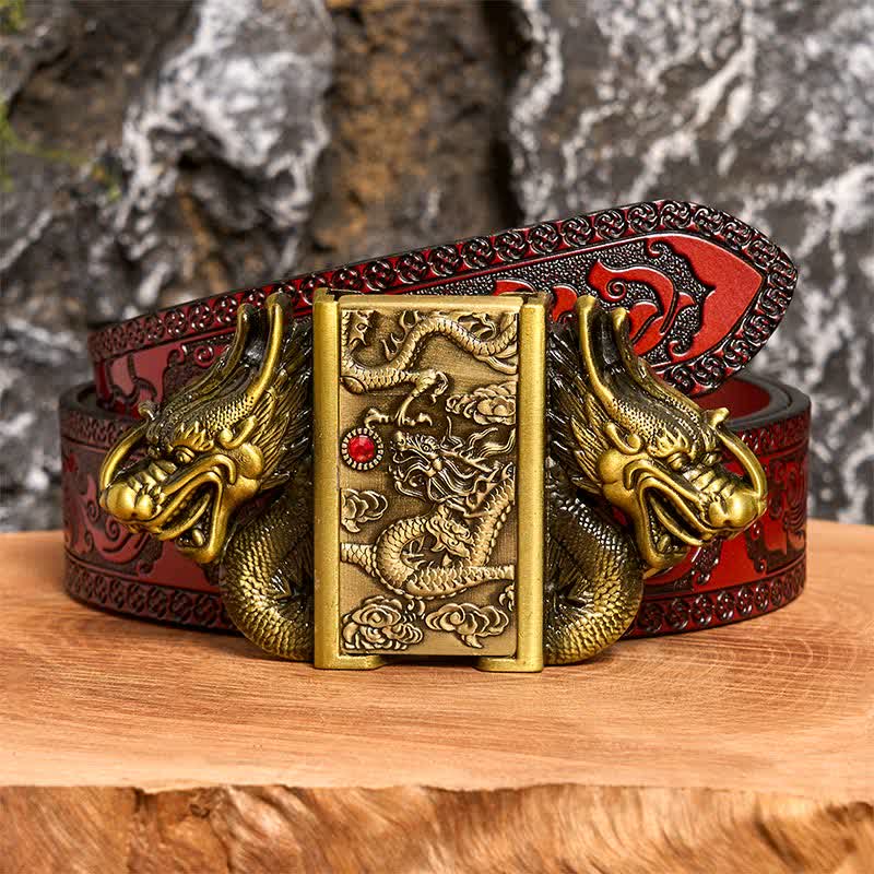 Ceinture en cuir pour homme, motif double dragon en bronze, avec briquet caché - Dragon - Ceinture marron sculptée - 42 - image 9