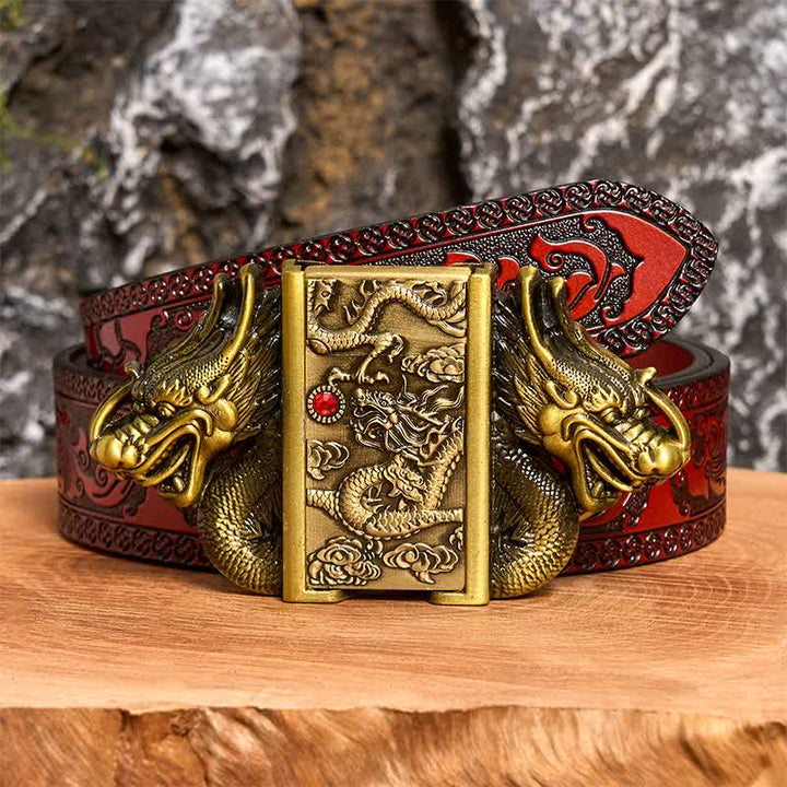 Ceinture en cuir pour homme, motif double dragon en bronze, avec briquet caché - Dragon - Ceinture marron sculptée - 42 - image 9