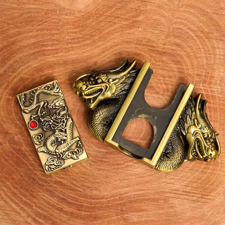 Ceinture en cuir pour homme, motif double dragon en bronze, avec briquet caché