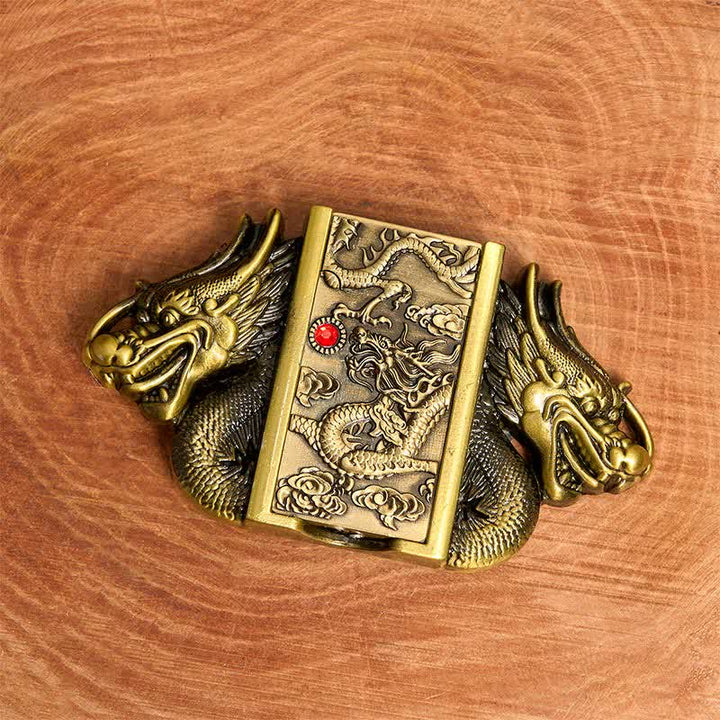 Ceinture en cuir pour homme, motif double dragon en bronze, avec briquet caché