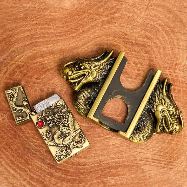 Ceinture en cuir pour homme, motif double dragon en bronze, avec briquet caché