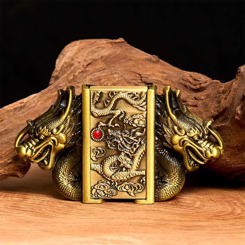 Ceinture en cuir pour homme, motif double dragon en bronze, avec briquet caché - Dragon - Sans ceinture - Ceinture non incluse - image 0