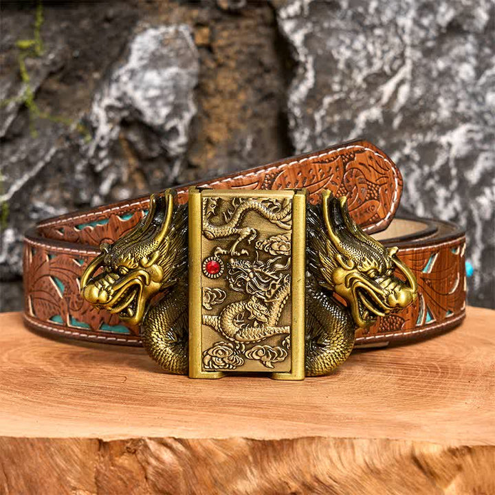 Ceinture en cuir pour homme, motif double dragon en bronze, avec briquet caché - Dragon - Ceinture sculptée en turquoise - 42 - image 6