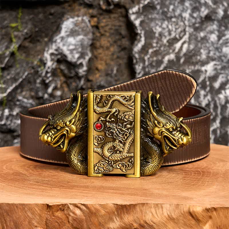 Ceinture en cuir pour homme, motif double dragon en bronze, avec briquet caché - Dragon - Ceinture marron vieillie - 42 - image 8