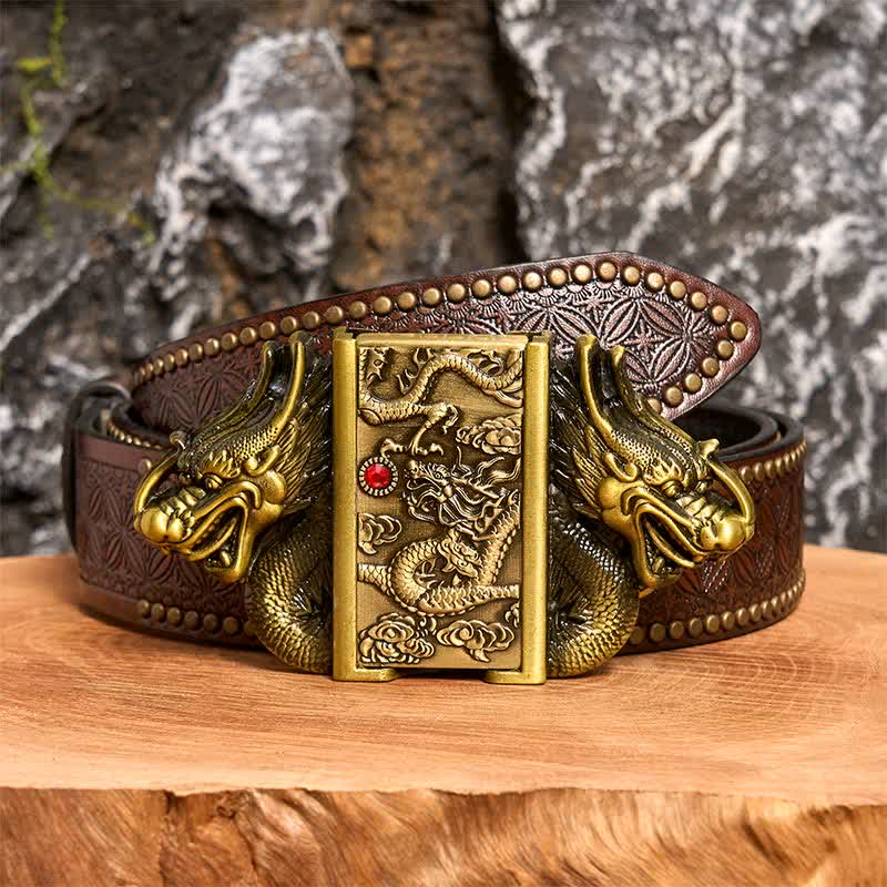 Ceinture en cuir pour homme, motif double dragon en bronze, avec briquet caché - Dragon - Ceinture à rivets marron - 42 - image 7