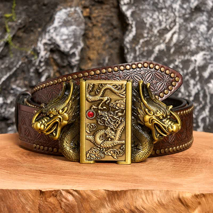 Ceinture en cuir pour homme, motif double dragon en bronze, avec briquet caché - Dragon - Ceinture à rivets marron - 42 - image 7