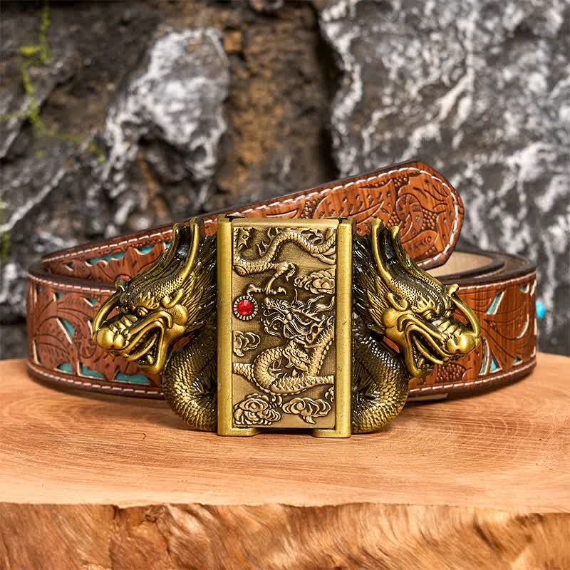 Ceinture en cuir pour homme, motif double dragon en bronze, avec briquet caché