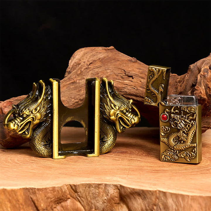 Ceinture en cuir pour homme, motif double dragon en bronze, avec briquet caché