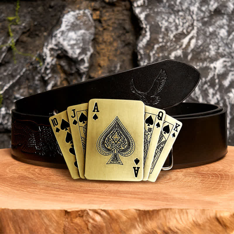 Ceinture en cuir pour homme avec briquet caché, style Royal Flush, en bronze - Poker - Ceinture noire avec aigle en relief - 42 - image 4