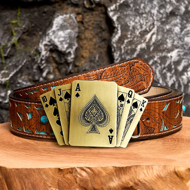 Ceinture en cuir pour homme avec briquet caché, style Royal Flush, en bronze - Poker - Ceinture sculptée en turquoise - 42 - image 5