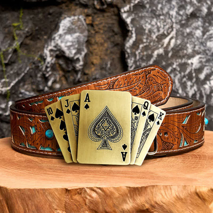 Ceinture en cuir pour homme avec briquet caché, style Royal Flush, en bronze - Poker - Ceinture sculptée en turquoise - 42 - image 5