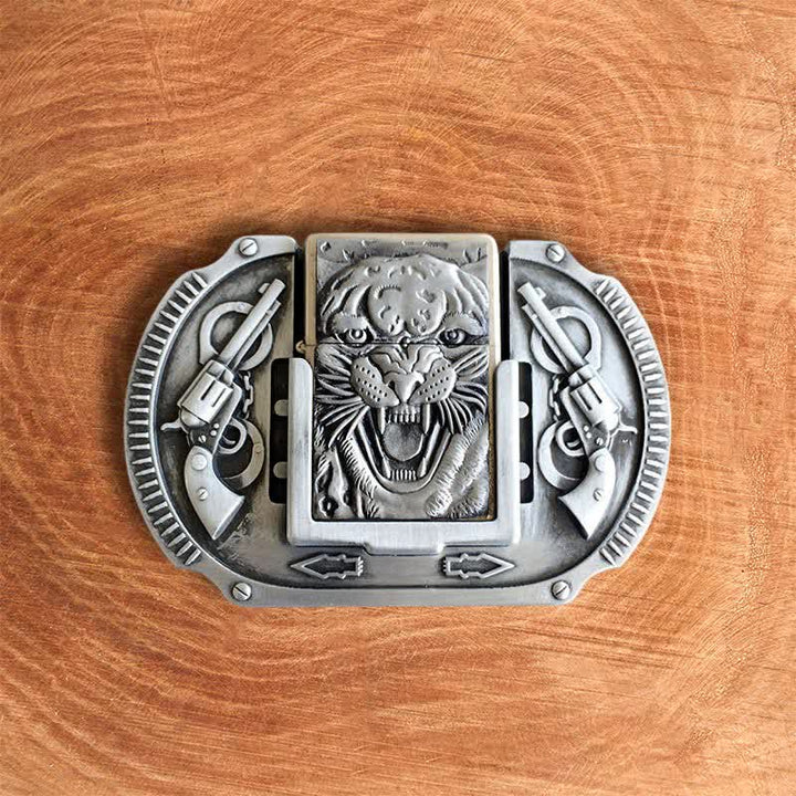 Ceinture en cuir pour homme avec motif tigre argenté et briquet caché