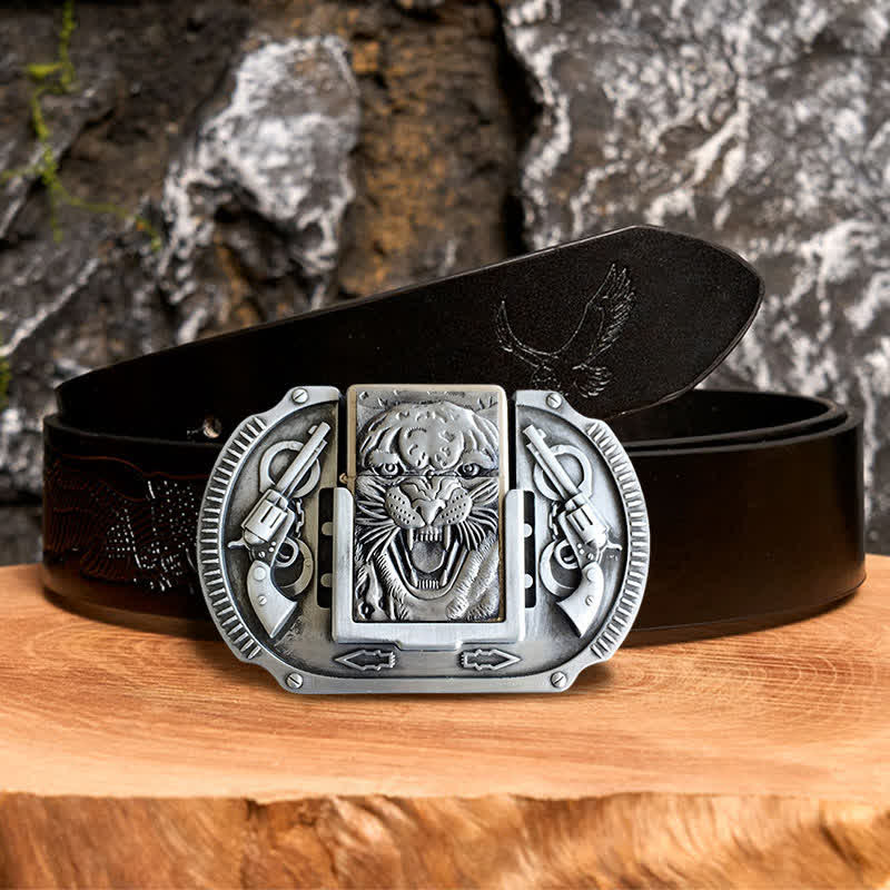 Ceinture en cuir pour homme avec motif tigre argenté et briquet caché - Tigre - Ceinture noire avec aigle en relief - 42 - image 2