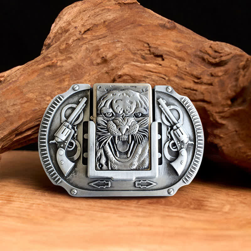 Ceinture en cuir pour homme avec motif tigre argenté et briquet caché - Tigre - Sans ceinture - Ceinture non incluse - image 0