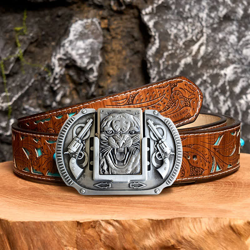 Ceinture en cuir pour homme avec motif tigre argenté et briquet caché - Tigre - Ceinture sculptée en turquoise - 42 - image 3
