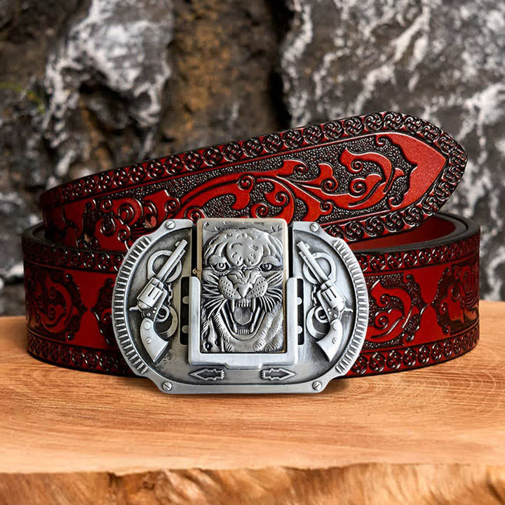 Ceinture en cuir pour homme avec motif tigre argenté et briquet caché