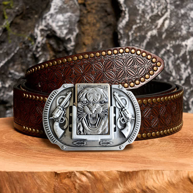 Ceinture en cuir pour homme avec motif tigre argenté et briquet caché - Tigre - Ceinture à rivets marron - 42 - image 4