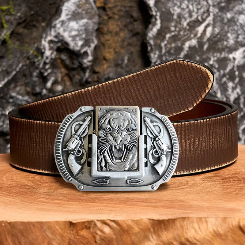 Ceinture en cuir pour homme avec motif tigre argenté et briquet caché - Tigre - Ceinture marron vieillie - 42 - image 5
