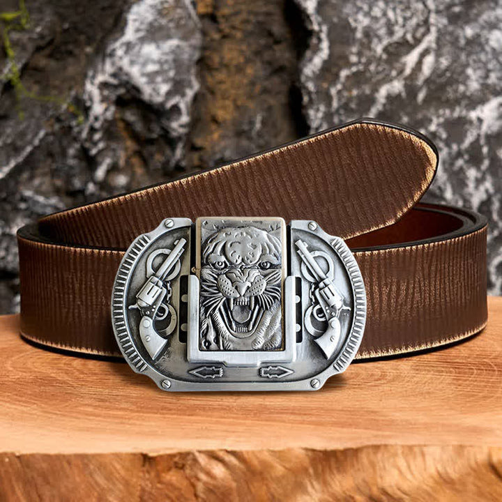 Ceinture en cuir pour homme avec motif tigre argenté et briquet caché - Tigre - Ceinture marron vieillie - 42 - image 5