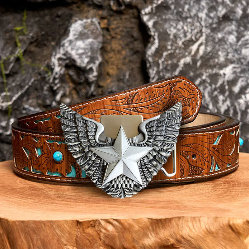 Ceinture en cuir à motif d'ailes d'ange pour homme avec briquet caché - Étoile - Ceinture sculptée en turquoise - 42 - image 3