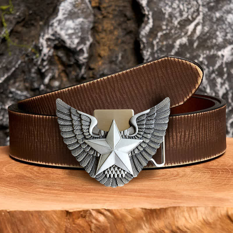Ceinture en cuir à motif d'ailes d'ange pour homme avec briquet caché - Étoile - Ceinture marron vieillie - 42 - image 5