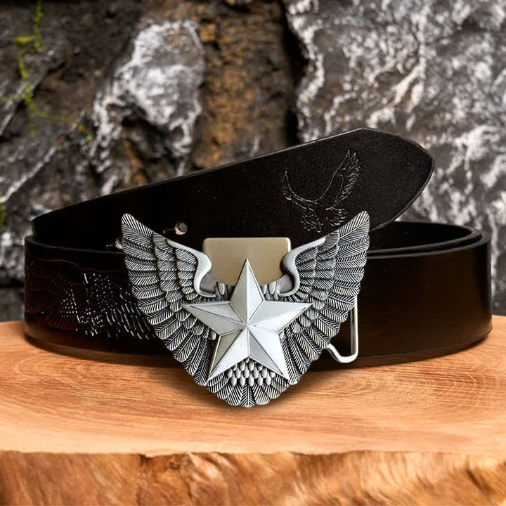 Ceinture en cuir à motif d'ailes d'ange pour homme avec briquet caché - Étoile - Ceinture noire avec aigle en relief - 42 - image 2
