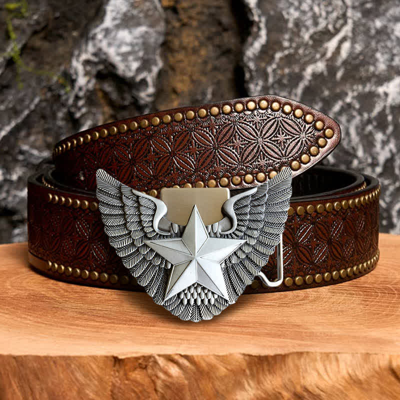 Ceinture en cuir à motif d'ailes d'ange pour homme avec briquet caché - Étoile - Ceinture à rivets marron - 42 - image 4