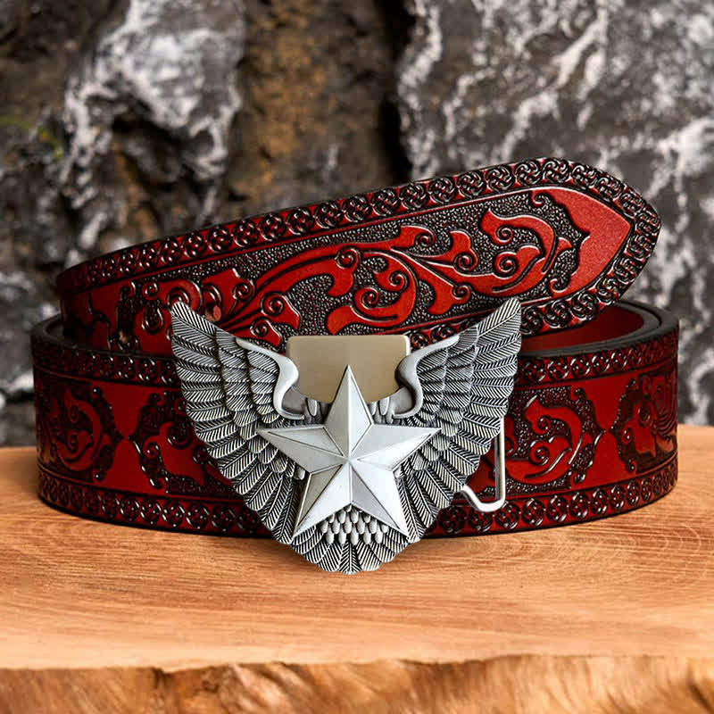 Ceinture en cuir à motif d'ailes d'ange pour homme avec briquet caché - Étoile - Ceinture marron sculptée - 42 - image 6