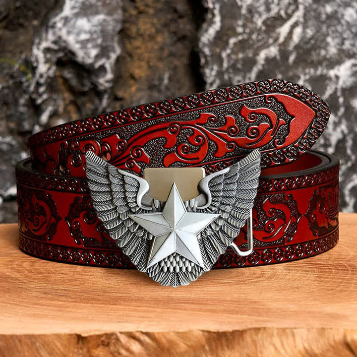 Ceinture en cuir à motif d'ailes d'ange pour homme avec briquet caché - Étoile - Ceinture marron sculptée - 42 - image 6