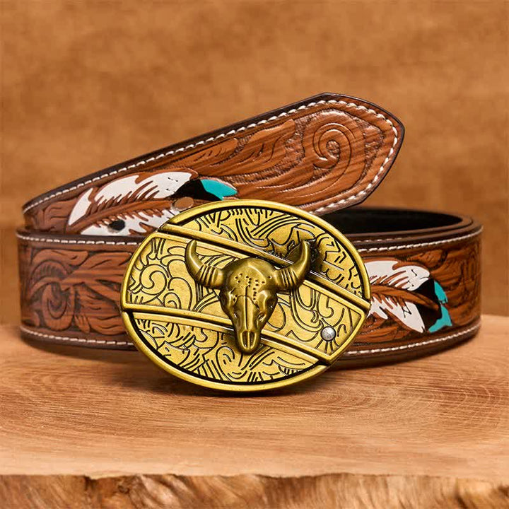 Ceinture en cuir pour homme avec couteau pliant caché en bronze et taureau à longues cornes - Taureau à longues cornes - Ceinture à plumes marron - 40 - image 10