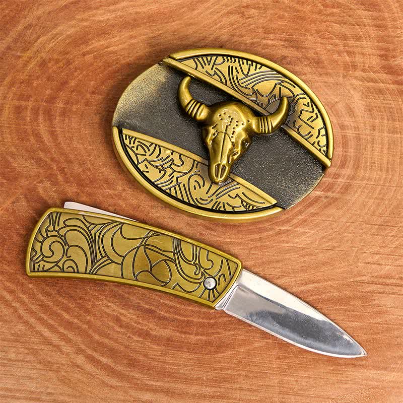 Ceinture en cuir pour homme avec couteau pliant caché en bronze et taureau à longues cornes - image 2
