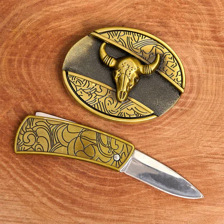 Ceinture en cuir pour homme avec couteau pliant caché en bronze et taureau à longues cornes - image 2