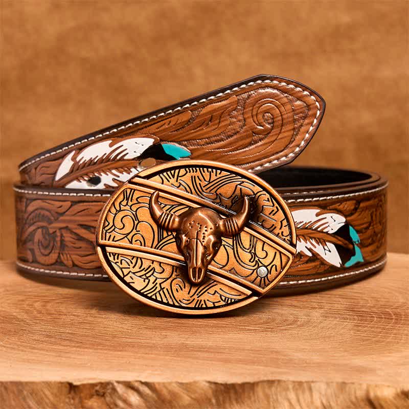 Ceinture en cuir pour homme avec couteau pliant dissimulé en bronze rouge et taureau à longues cornes - Taureau à longues cornes - Ceinture à plumes marron - 40 - image 10