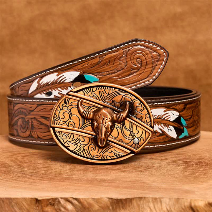 Ceinture en cuir pour homme avec couteau pliant dissimulé en bronze rouge et taureau à longues cornes - Taureau à longues cornes - Ceinture à plumes marron - 40 - image 10