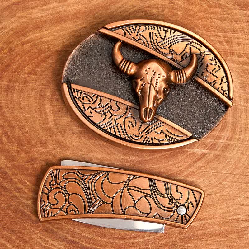 Ceinture en cuir pour homme avec couteau pliant dissimulé en bronze rouge et taureau à longues cornes - image 4