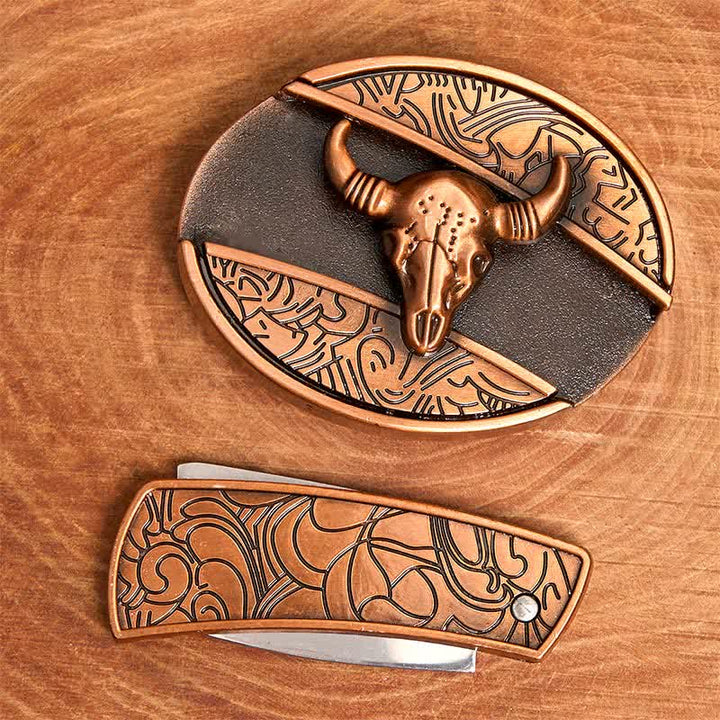 Ceinture en cuir pour homme avec couteau pliant dissimulé en bronze rouge et taureau à longues cornes - image 4