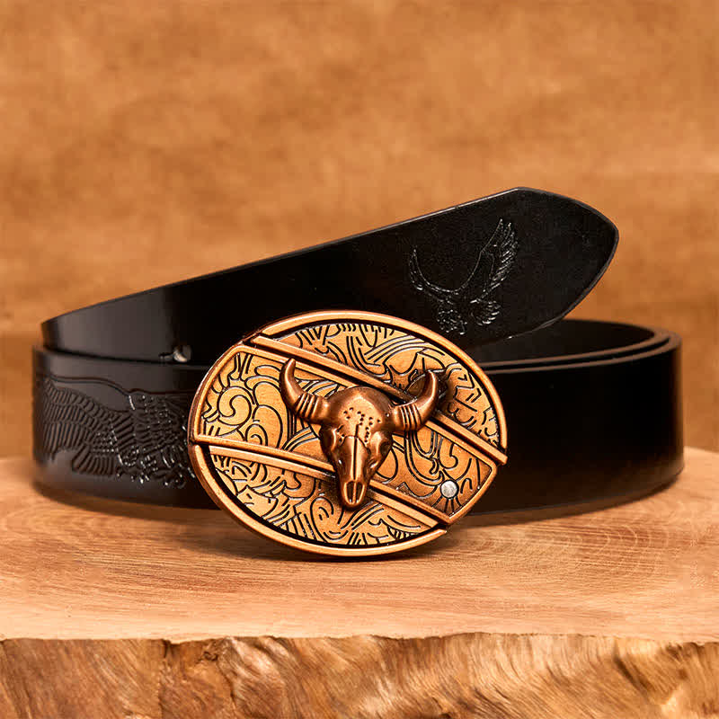 Ceinture en cuir pour homme avec couteau pliant dissimulé en bronze rouge et taureau à longues cornes - Taureau à longues cornes - Ceinture noire avec aigle en relief - 42 - image 7