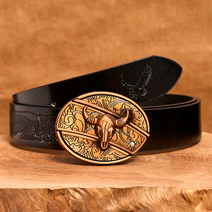 Ceinture en cuir pour homme avec couteau pliant dissimulé en bronze rouge et taureau à longues cornes - Taureau à longues cornes - Ceinture noire avec aigle en relief - 42 - image 7