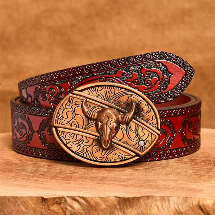 Ceinture en cuir pour homme avec couteau pliant dissimulé en bronze rouge et taureau à longues cornes - Taureau à longues cornes - Ceinture marron sculptée - 42 - image 8