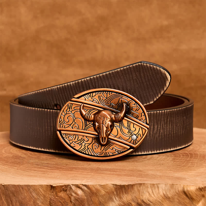 Ceinture en cuir pour homme avec couteau pliant dissimulé en bronze rouge et taureau à longues cornes - Taureau à longues cornes - Ceinture marron vieillie - 42 - image 9