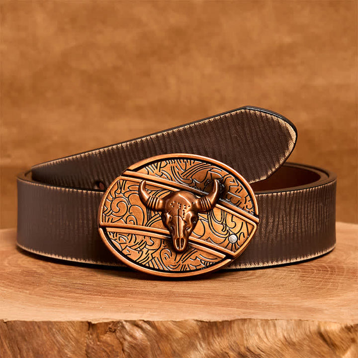 Ceinture en cuir pour homme avec couteau pliant dissimulé en bronze rouge et taureau à longues cornes - Taureau à longues cornes - Ceinture marron vieillie - 42 - image 9