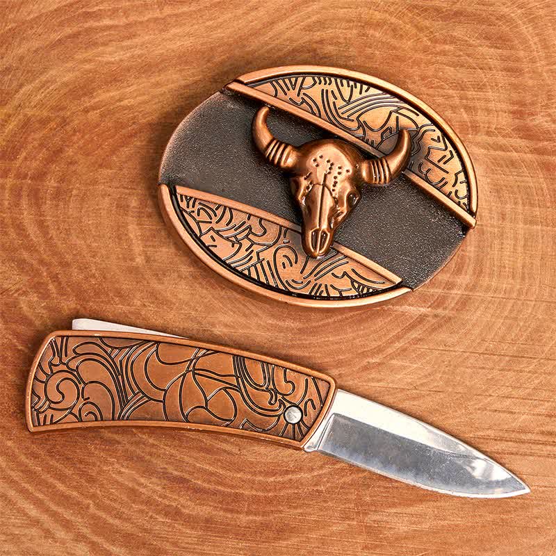 Ceinture en cuir pour homme avec couteau pliant dissimulé en bronze rouge et taureau à longues cornes - image 2