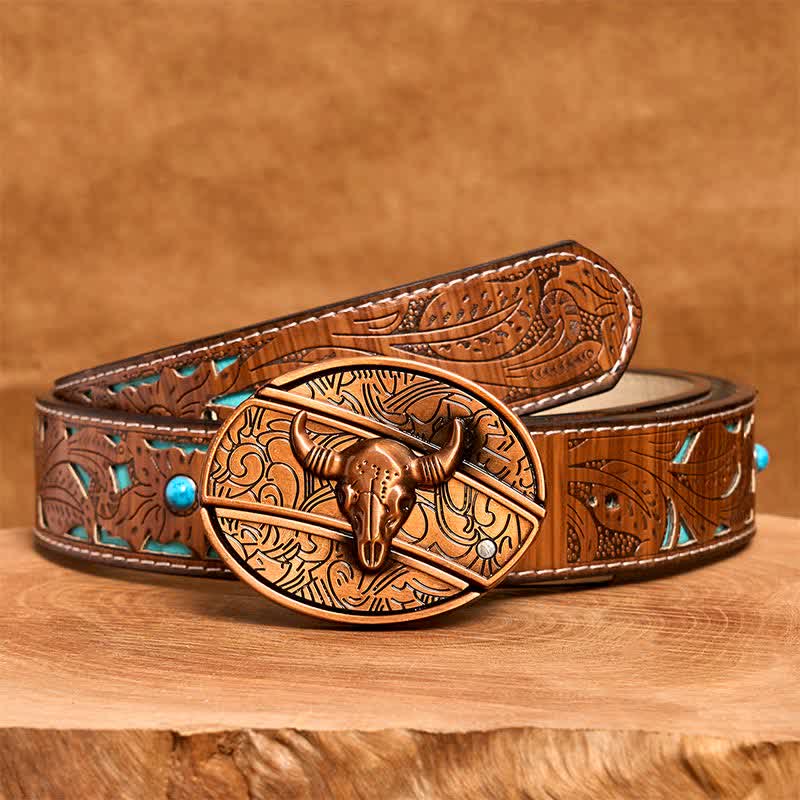 Ceinture en cuir pour homme avec couteau pliant dissimulé en bronze rouge et taureau à longues cornes - Taureau à longues cornes - Ceinture sculptée en turquoise - 42 - image 6