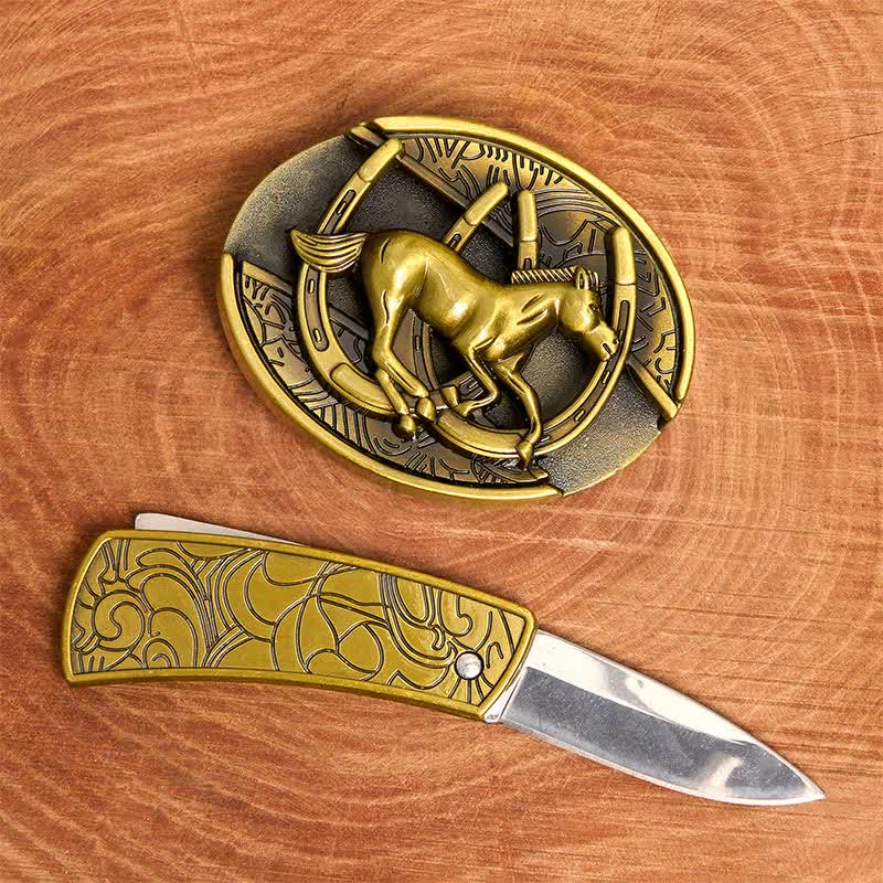 Ceinture en cuir pour homme avec couteau pliant caché en bronze représentant un cheval galopant - image 2