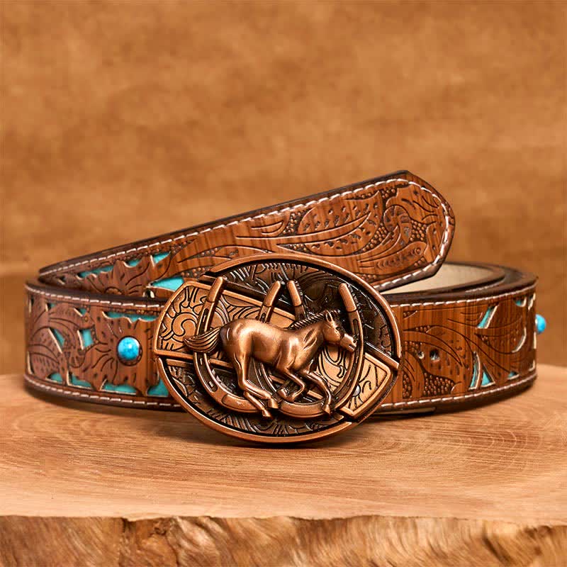 Ceinture en cuir pour homme avec couteau pliant caché en bronze rouge, motif cheval galopant - Cheval au galop - Ceinture sculptée en turquoise - 42 - image 6