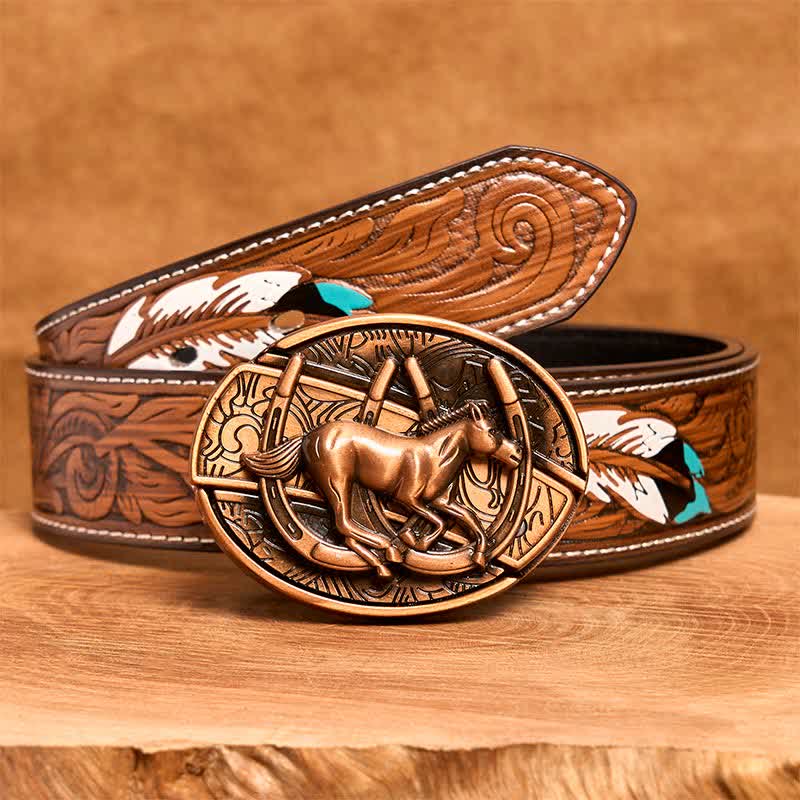 Ceinture en cuir pour homme avec couteau pliant caché en bronze rouge, motif cheval galopant - Cheval au galop - Ceinture à plumes marron - 40 - image 10