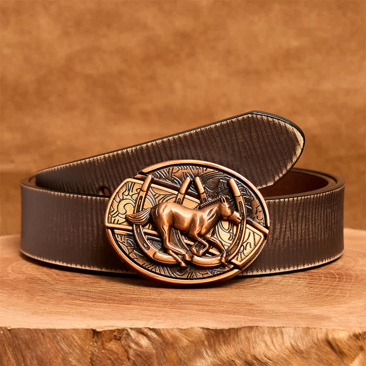 Ceinture en cuir pour homme avec couteau pliant caché en bronze rouge, motif cheval galopant - Cheval au galop - Ceinture marron vieillie - 42 - image 9