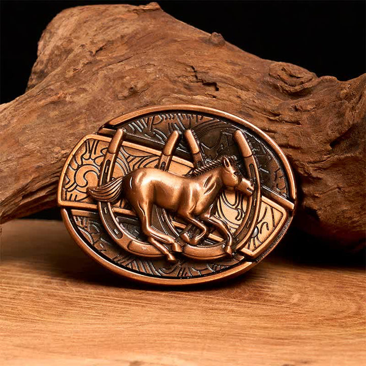 Ceinture en cuir pour homme avec couteau pliant caché en bronze rouge, motif cheval galopant - Cheval au galop - Sans ceinture - Ceinture non incluse - image 1