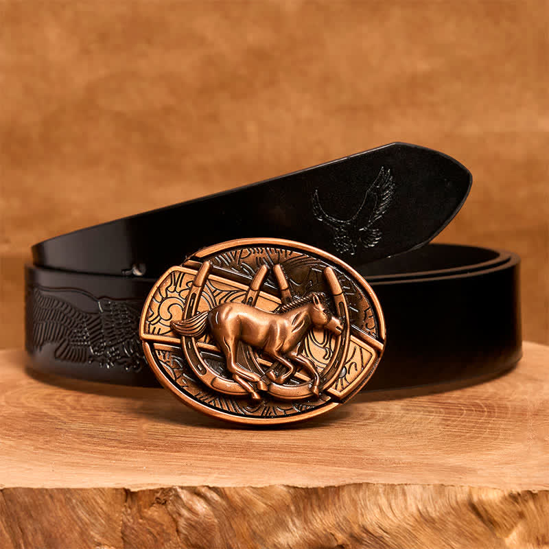 Ceinture en cuir pour homme avec couteau pliant caché en bronze rouge, motif cheval galopant - Cheval au galop - Ceinture noire avec aigle en relief - 42 - image 7
