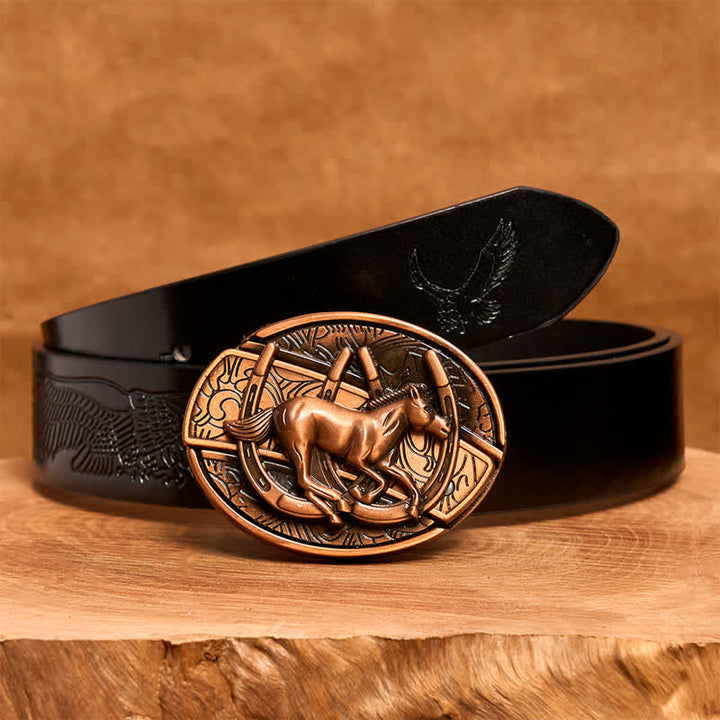 Ceinture en cuir pour homme avec couteau pliant caché en bronze rouge, motif cheval galopant - Cheval au galop - Ceinture noire avec aigle en relief - 42 - image 7
